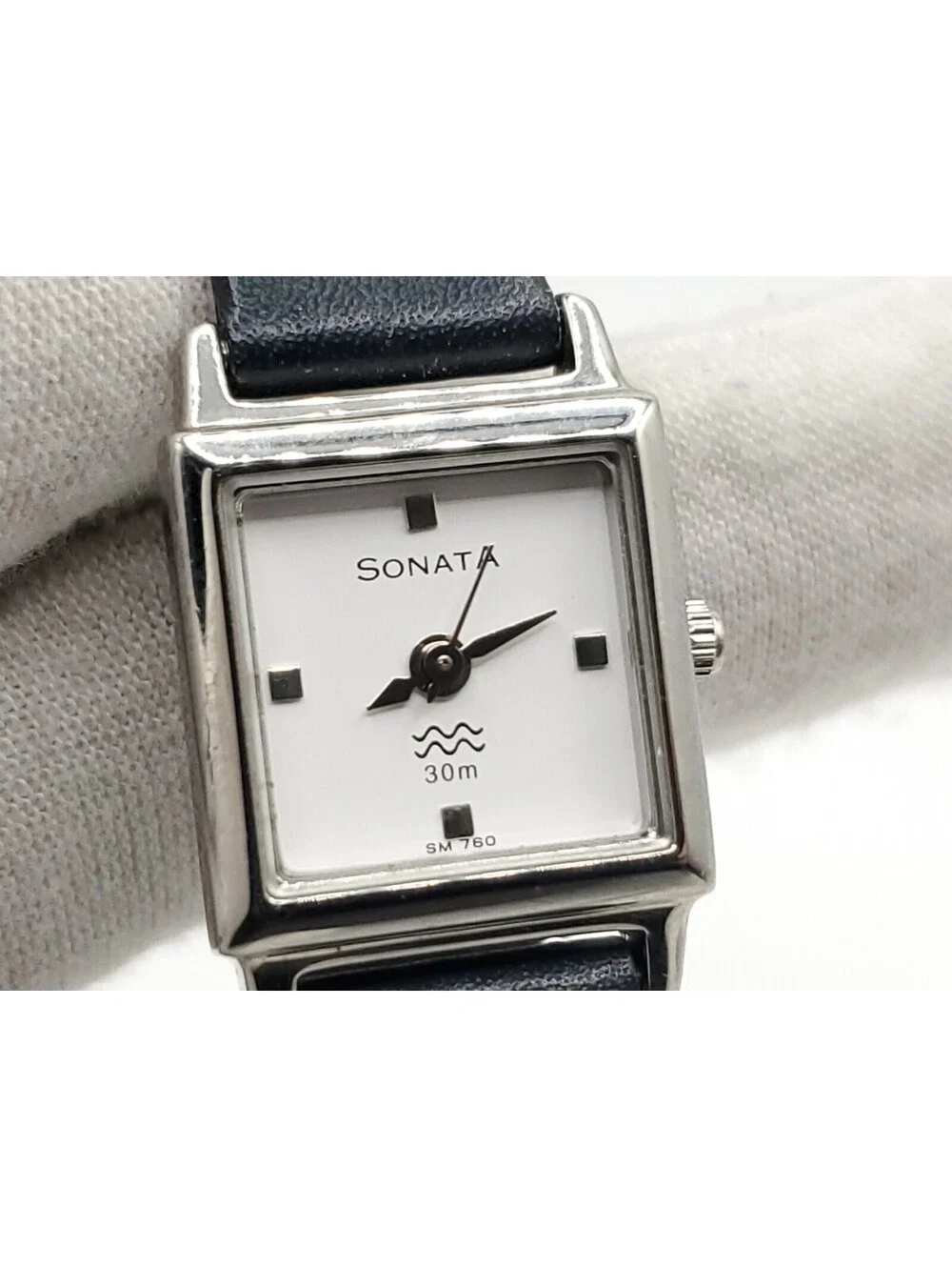 Sonata Quartz Watch Womens New Battery Silver Tone Black Band Square 17mm